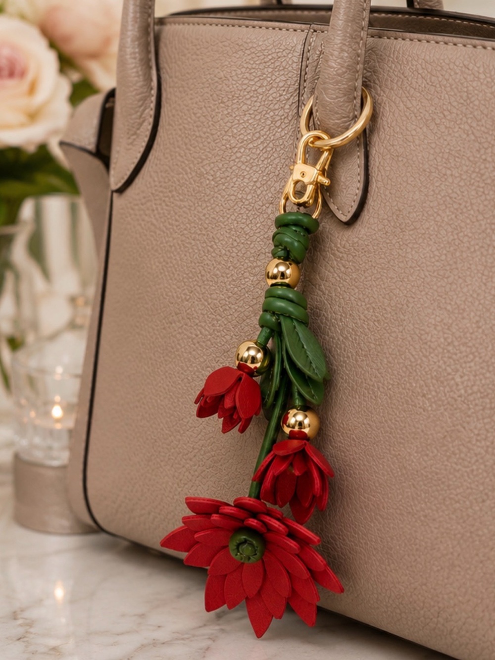 Faux Leather Floral Bag Charm/Keychain. Red Flowers w/  Gold Tone Hardware. New! - Picture 2 of 4